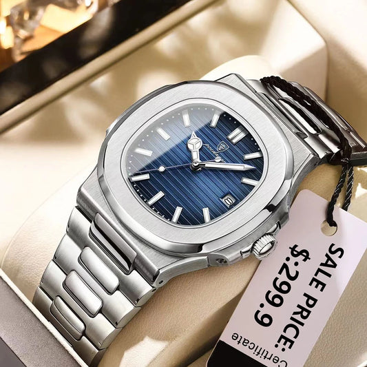 Mens Quartz Watch Waterproof Luminous Date Stainless Steel Square