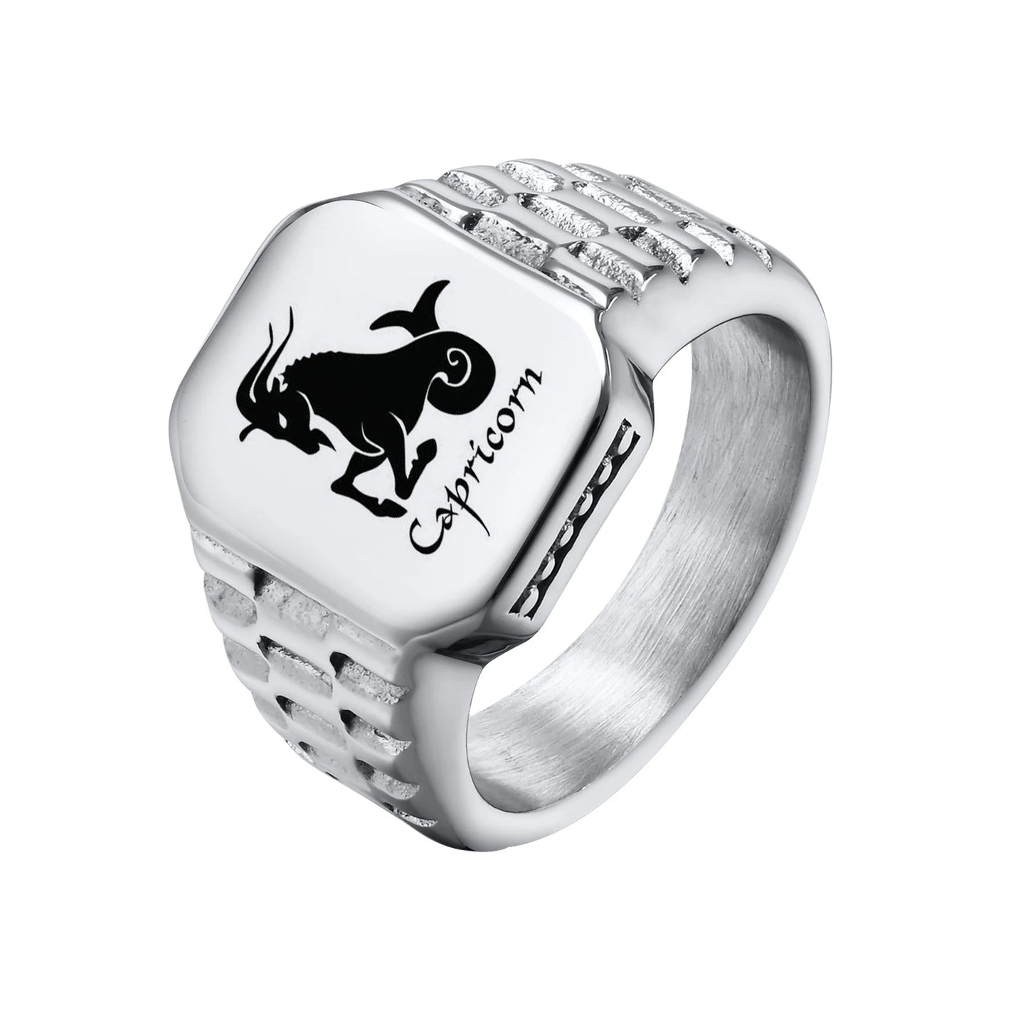 12 Zodiac Signet Stainless Steel Mens Rings