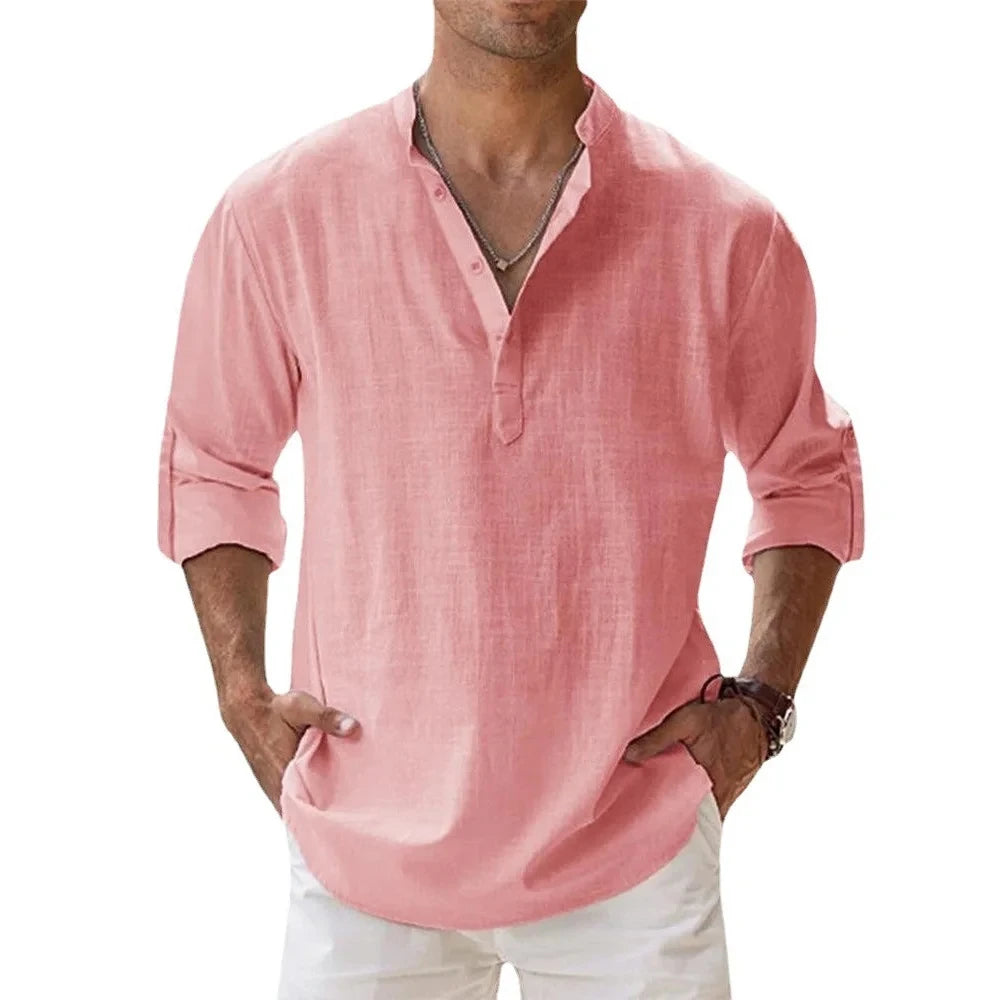 Cotton Linen Shirts for Men Lightweight Long Sleeve Henley Beach Shirts