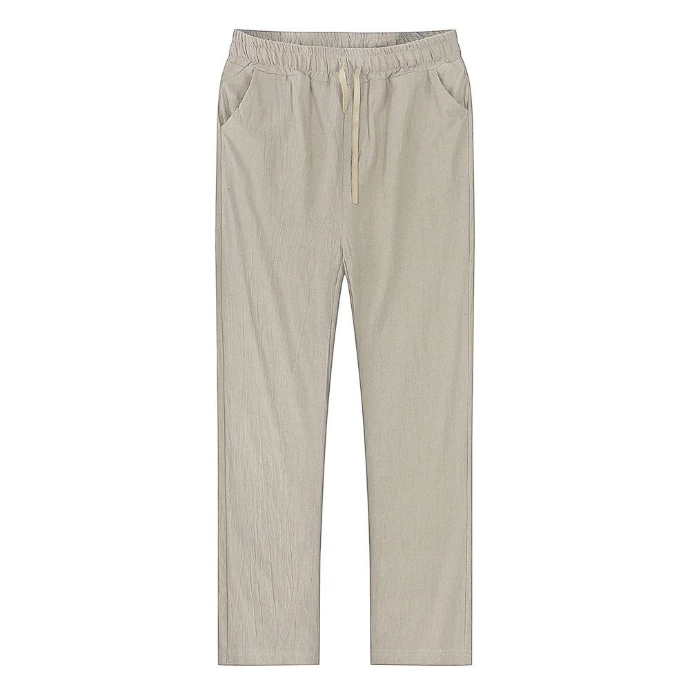 Mens Cotton Linen Pants Breathable Solid Color Linen Trousers