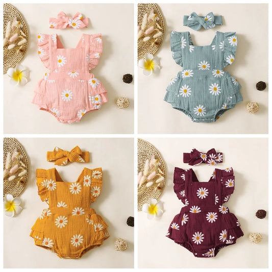 Infant Baby Girl Romper Ruffle Sleeveless Newborn Bodysuit with Headband