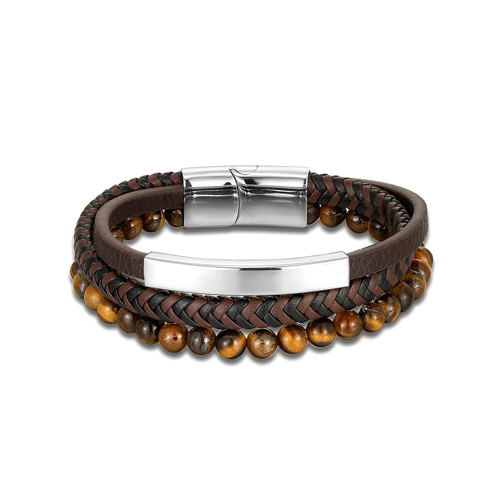 Punk Men Multilayer Braid Leather Natural Stone Beaded Bracelet