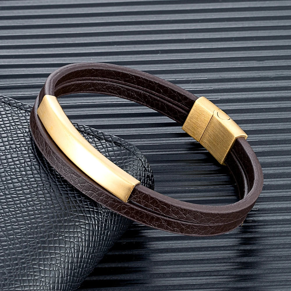 Simple Style Men Double Strand Leather Bracelet Stainless Steel Clasp