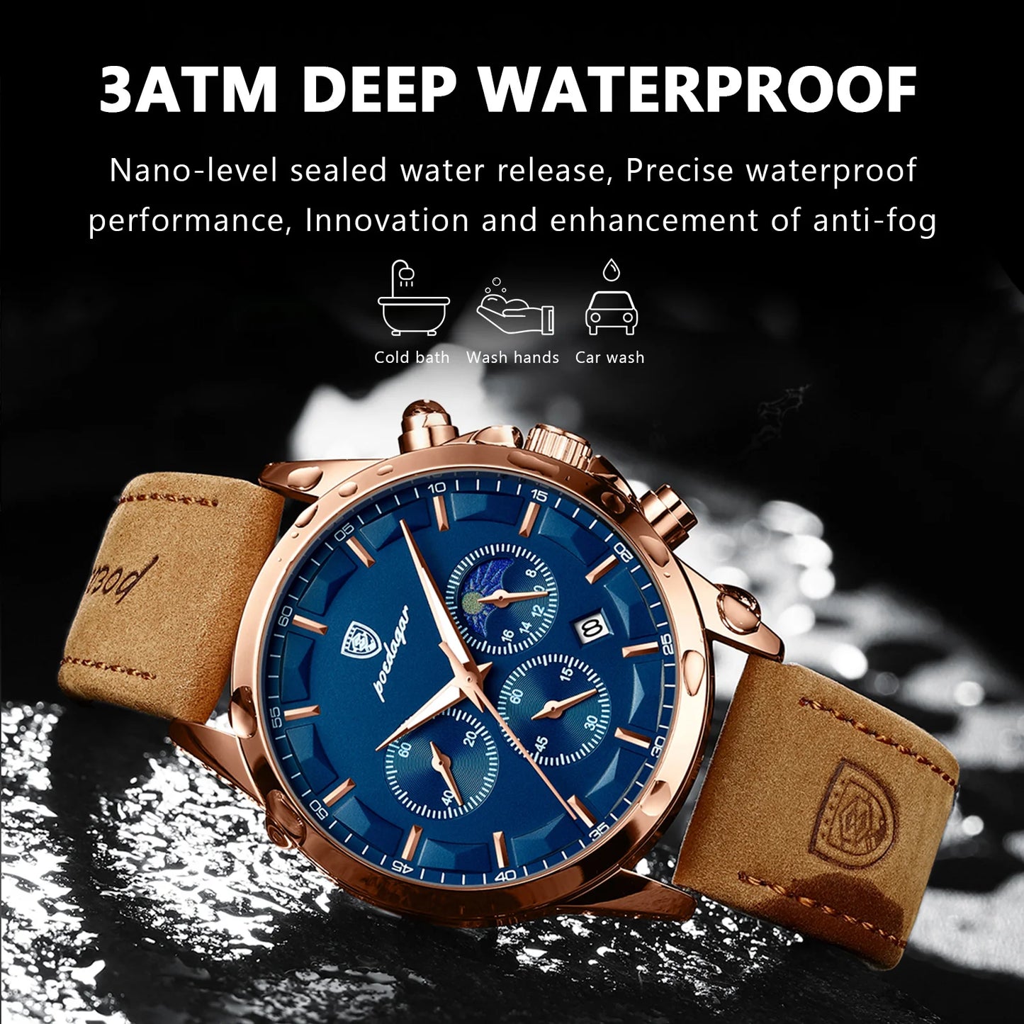 Mens Quartz Watch Sports Leather Waterproof Luminous Calendar Chronograph