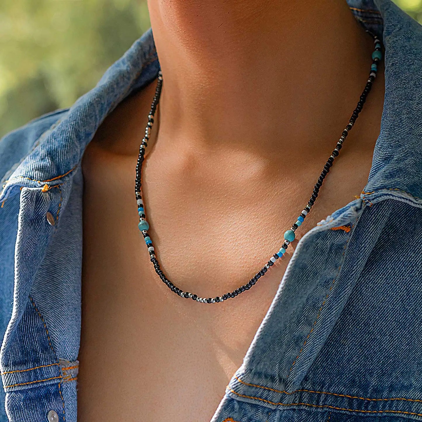 Synthetic Turquoise Necklaces for Men Mini Black Beaded Necklace