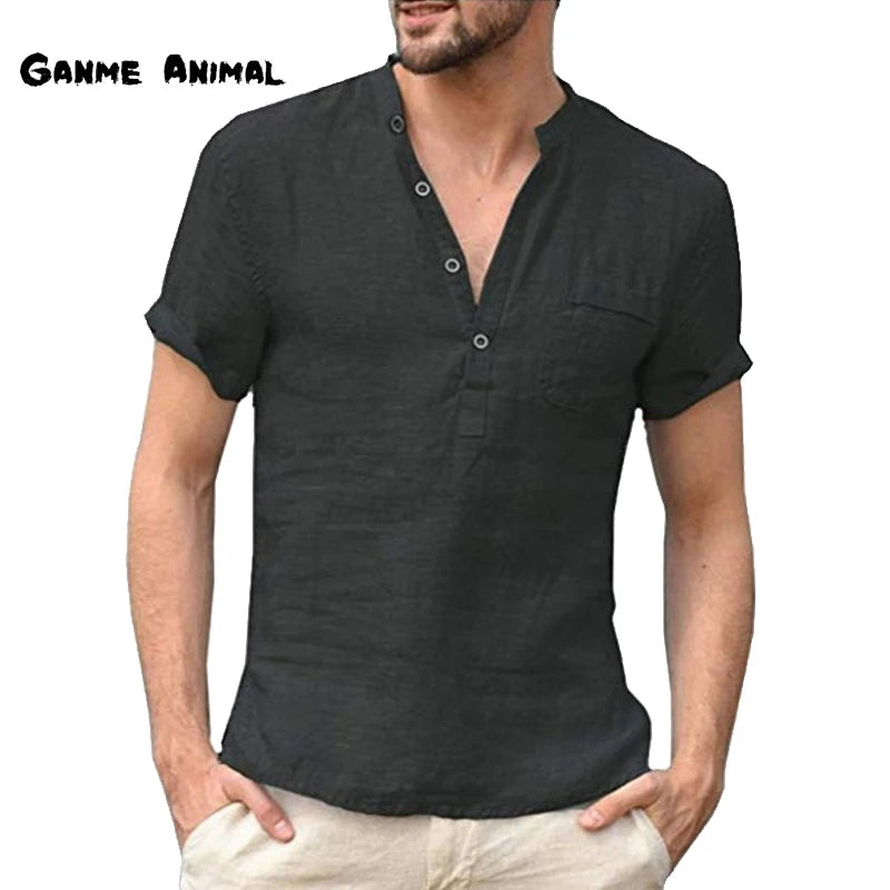 Cotton Linen Casual Mens Tee Shirts Short Sleeve V Collar Breathable