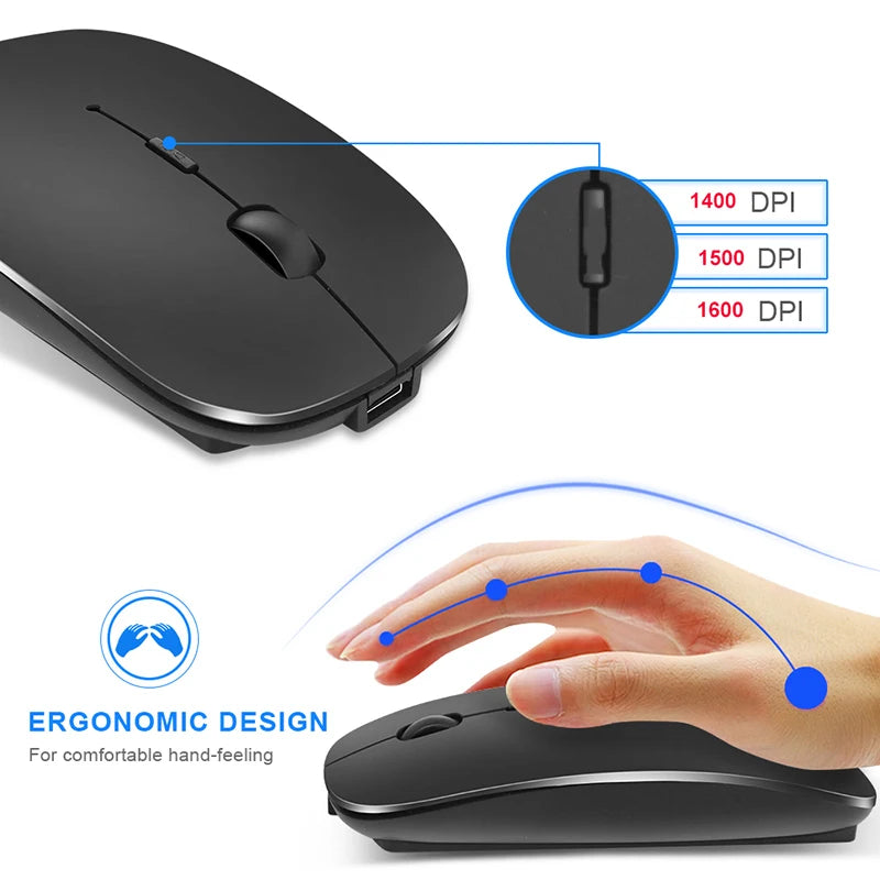 Silent Rechargeable Wireless Bluetooth Mouse 2.4Ghz USB Mice