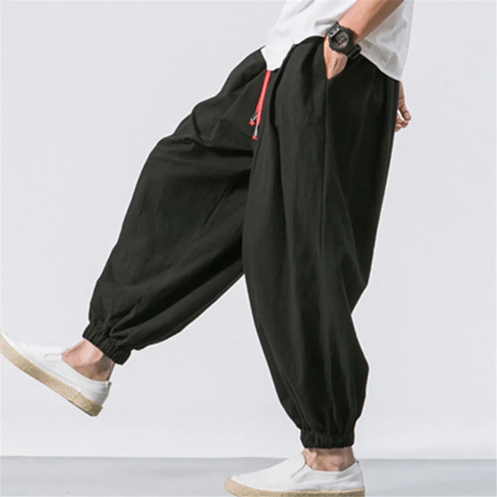 Oversize Mens Loose Harem Pants Autumn Linen Overweight Sweatpants