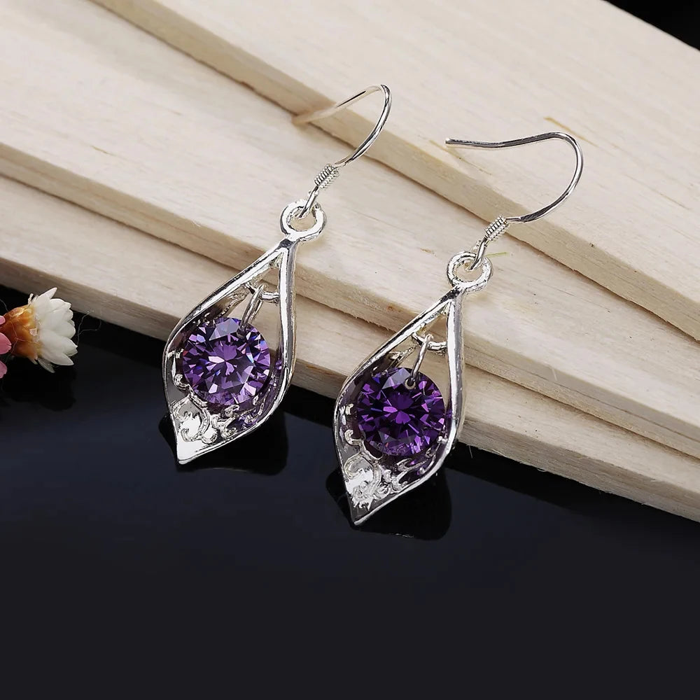 Pure 925 Sterling Silver Earrings Elegant Woman Crystal Amethyst Shell