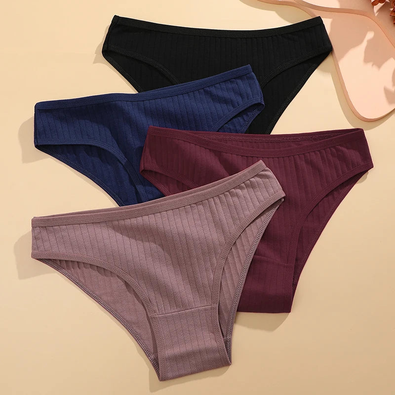 3pcs Cotton Panties Soft Striped Underpants Sexy Solid Color Briefs