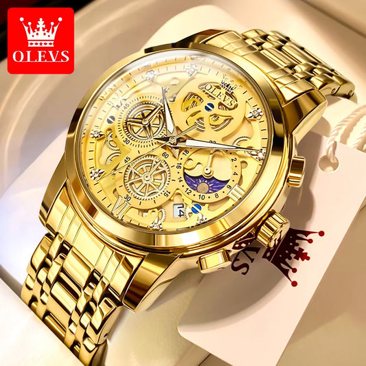 Luxury Original Waterproof Mens Quartz Watch Gold Skeleton Style