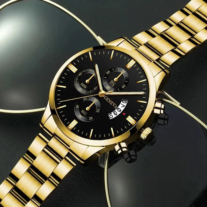 Mens Gold Stainless Steel Quartz Watch S698