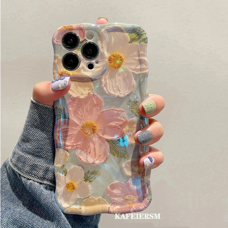 Laser Blue Light Flowers Phone Case For iPhone 15 14 13 12 11 Pro Max