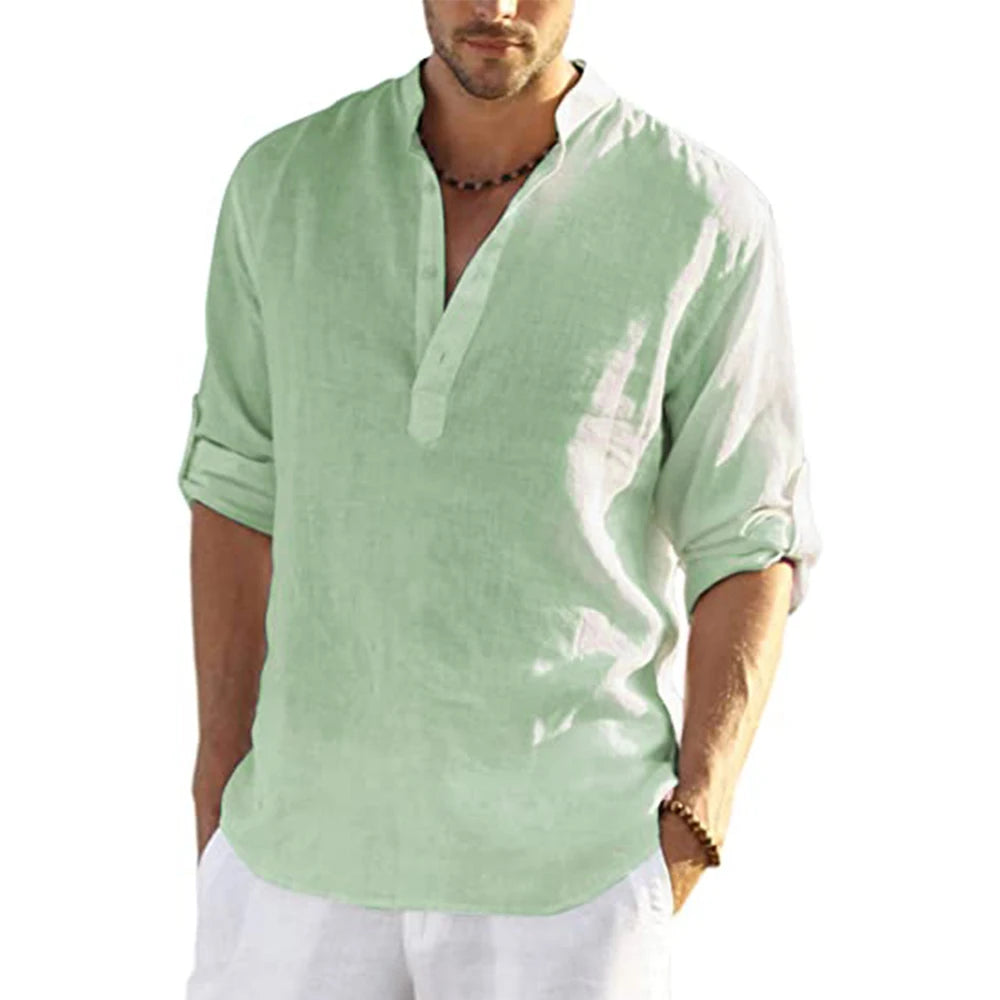 Mens Casual Blouse Cotton Linen Shirt Loose Tops Long Sleeve Tee Shirt