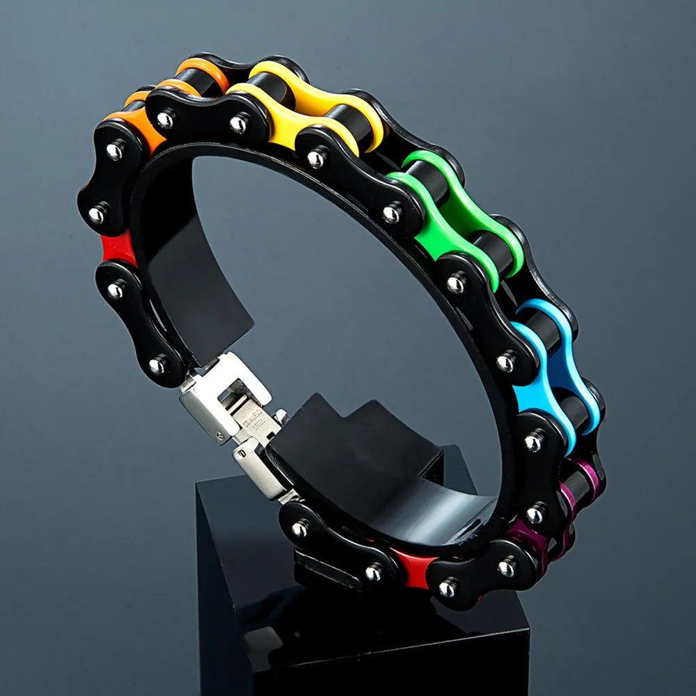 Locomotive Punk Unisex Bracelet Black Stainless Steel Enamel Rainbow Chain