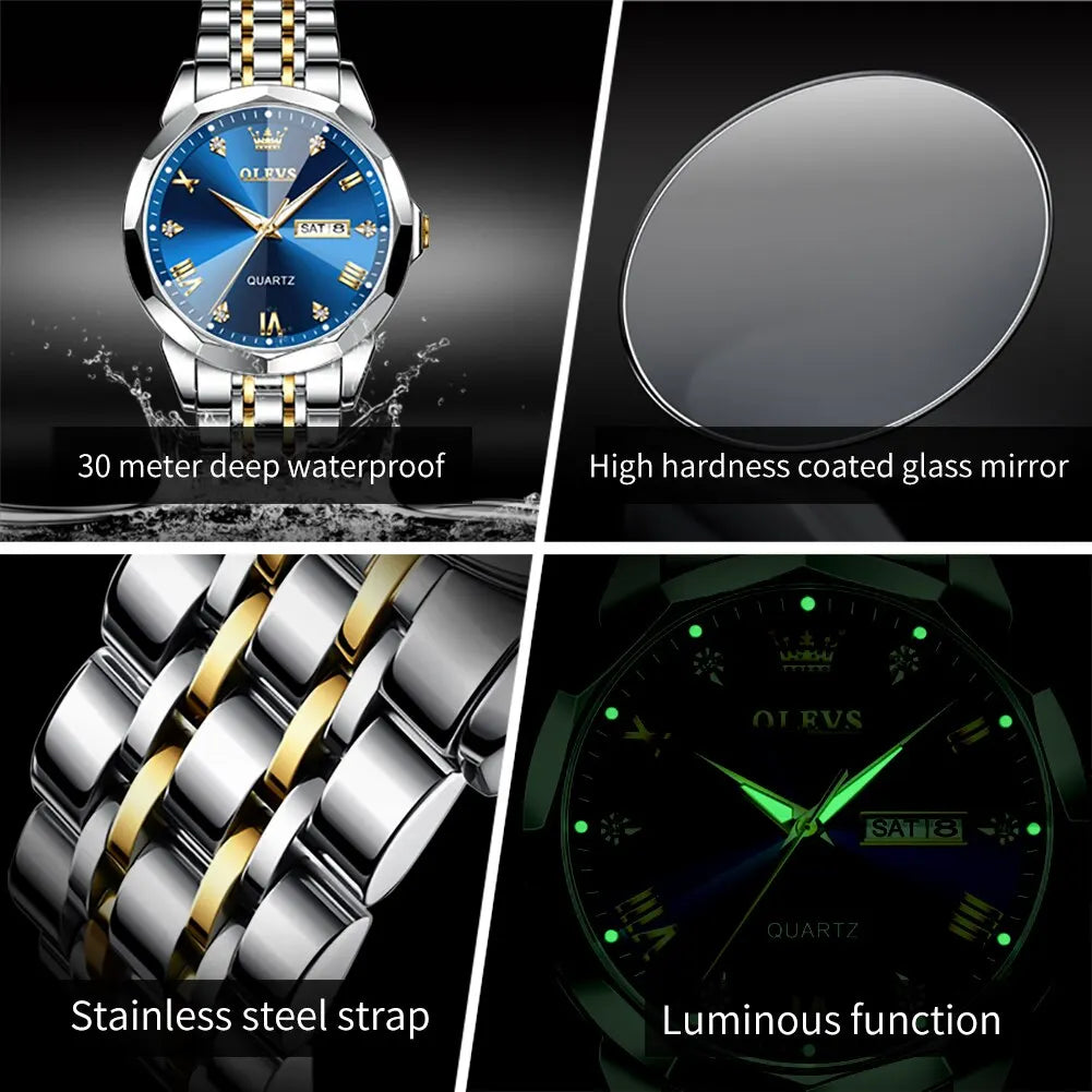 Mens Quartz Watch Waterproof Luminous Stainless Steel