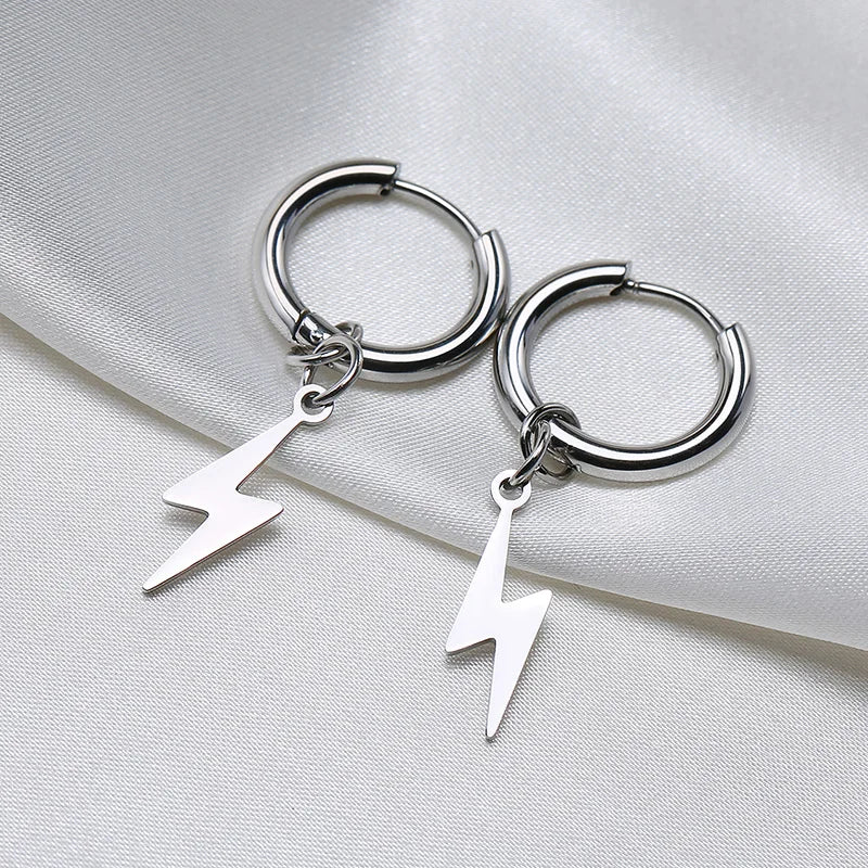 Lightning Bolt Charm Hoop Huggie Silver Color Stainless Steel Earrings for Men