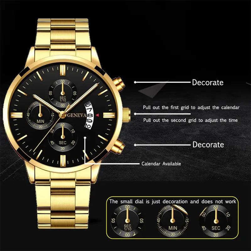 Mens Gold Stainless Steel Quartz Watch S698