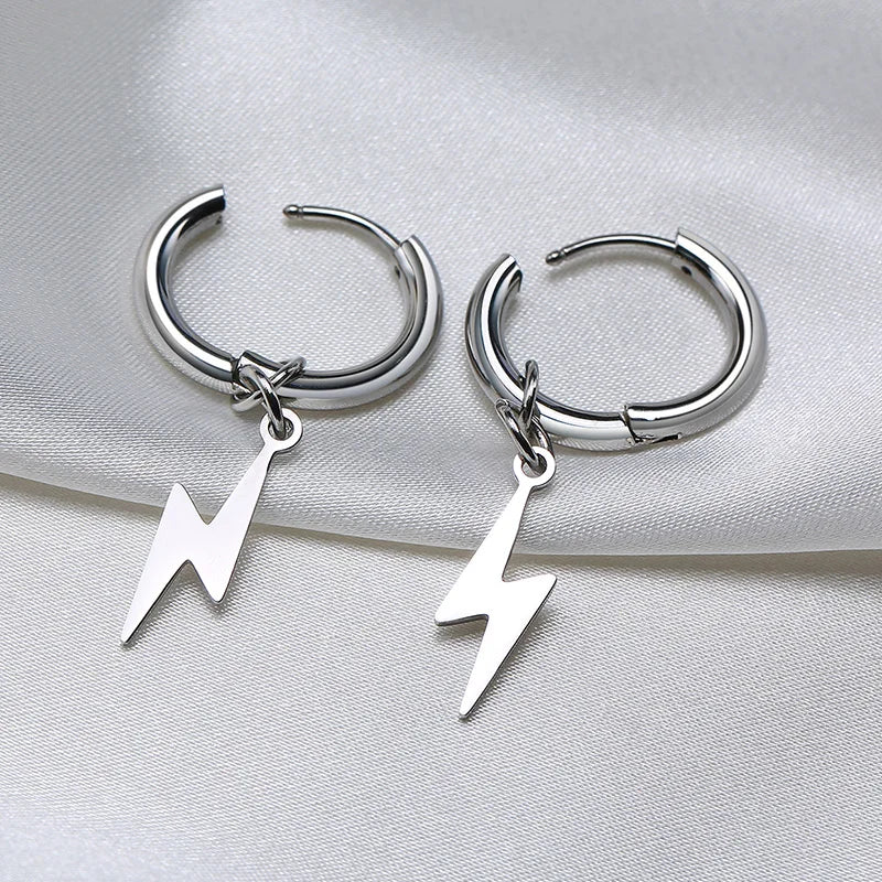 Lightning Bolt Charm Hoop Huggie Silver Color Stainless Steel Earrings for Men