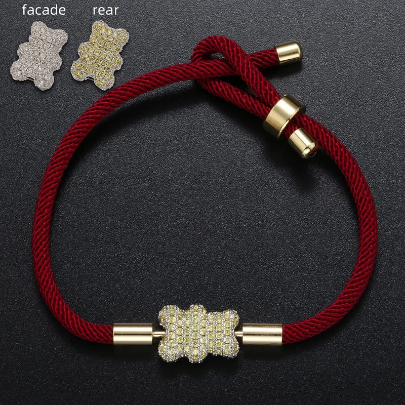 Cute Bear Micro Inlaid Zircon Braided Rope Bracelets for Friends Couple