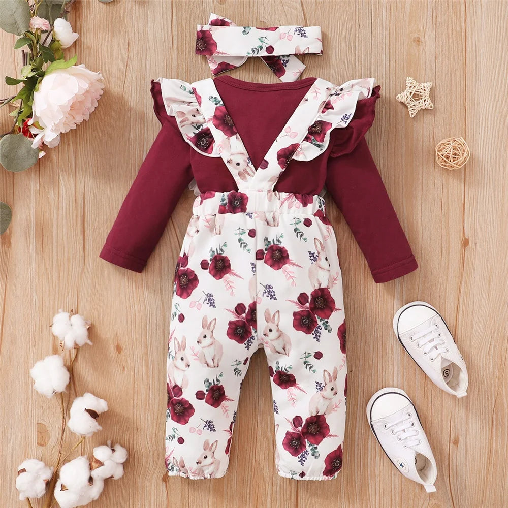 Baby Girl Clothes Set Red Color Long Sleevs Bodysuit Flower Strap Pants Set