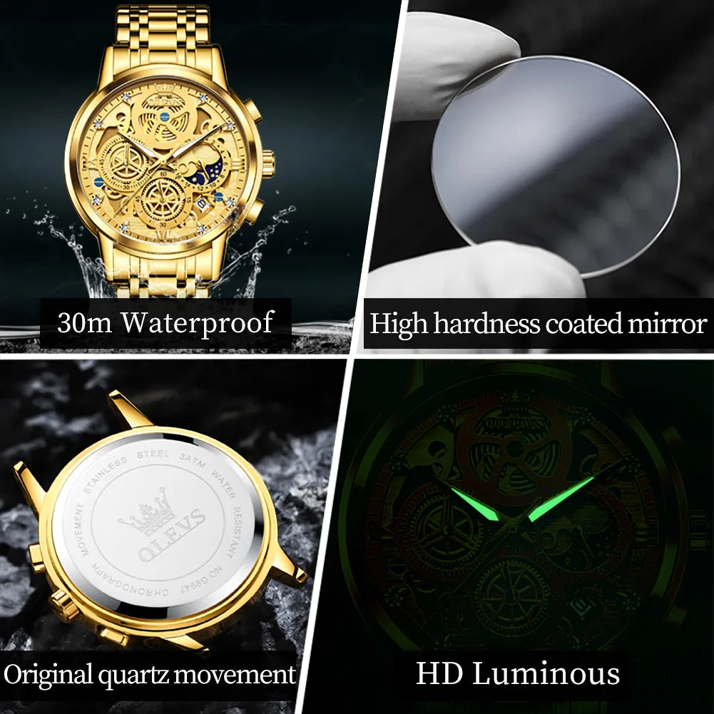 Luxury Original Waterproof Mens Quartz Watch Gold Skeleton Style