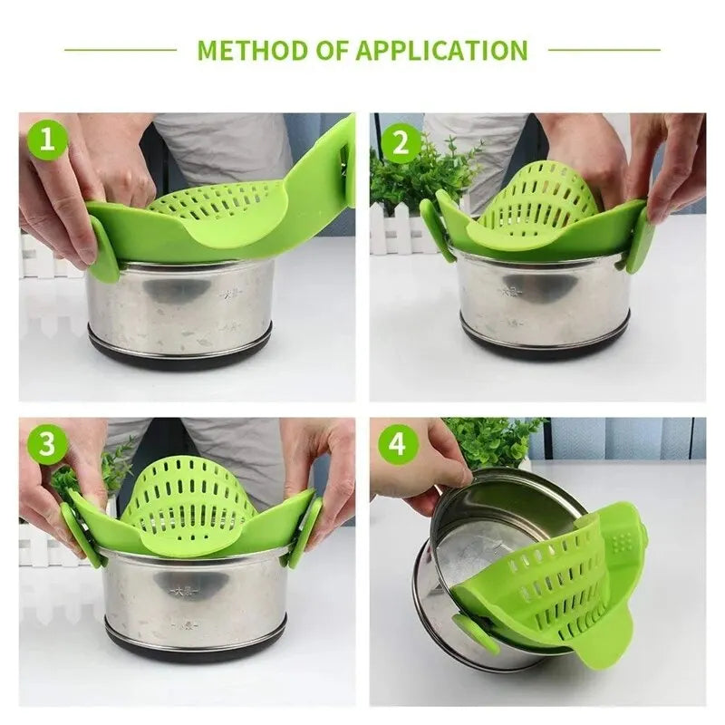 Universal Silicone Clip on Pan Pot Strainer Anti Spill Pasta Pot Strainer