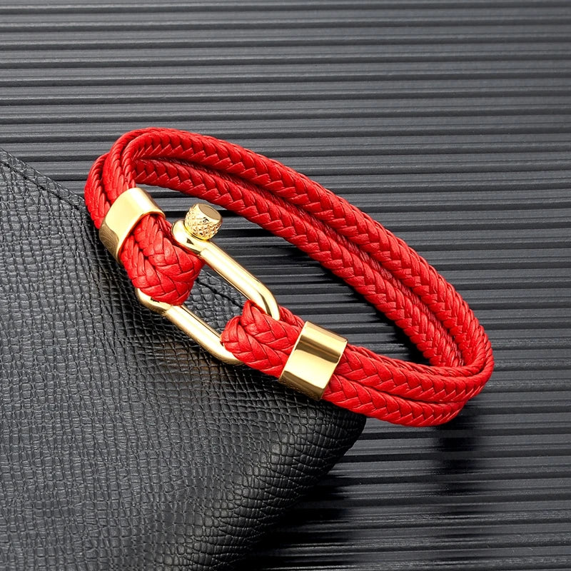 Navy Style Men U shape Shackle Woven Multilayer Leather Bracelets