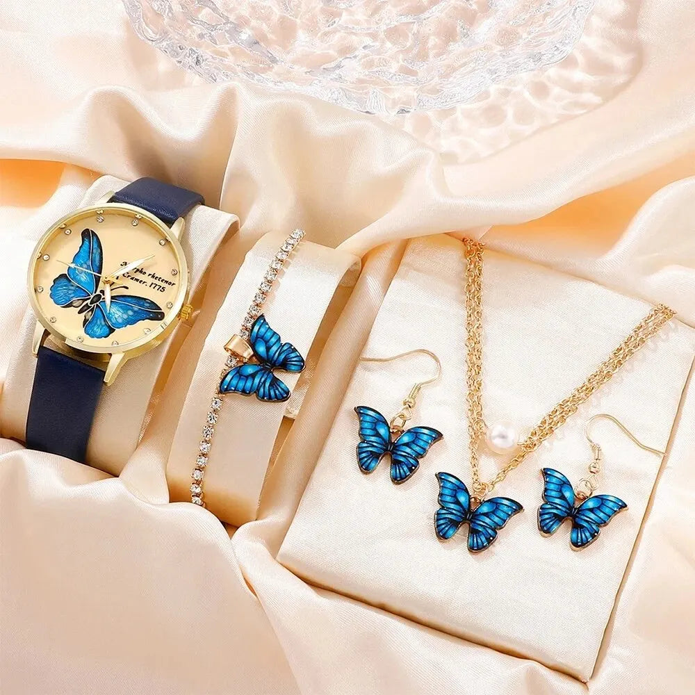 Womens Fashion Quartz Watch Butterfly Design Earrings Necklace Bracelet Set