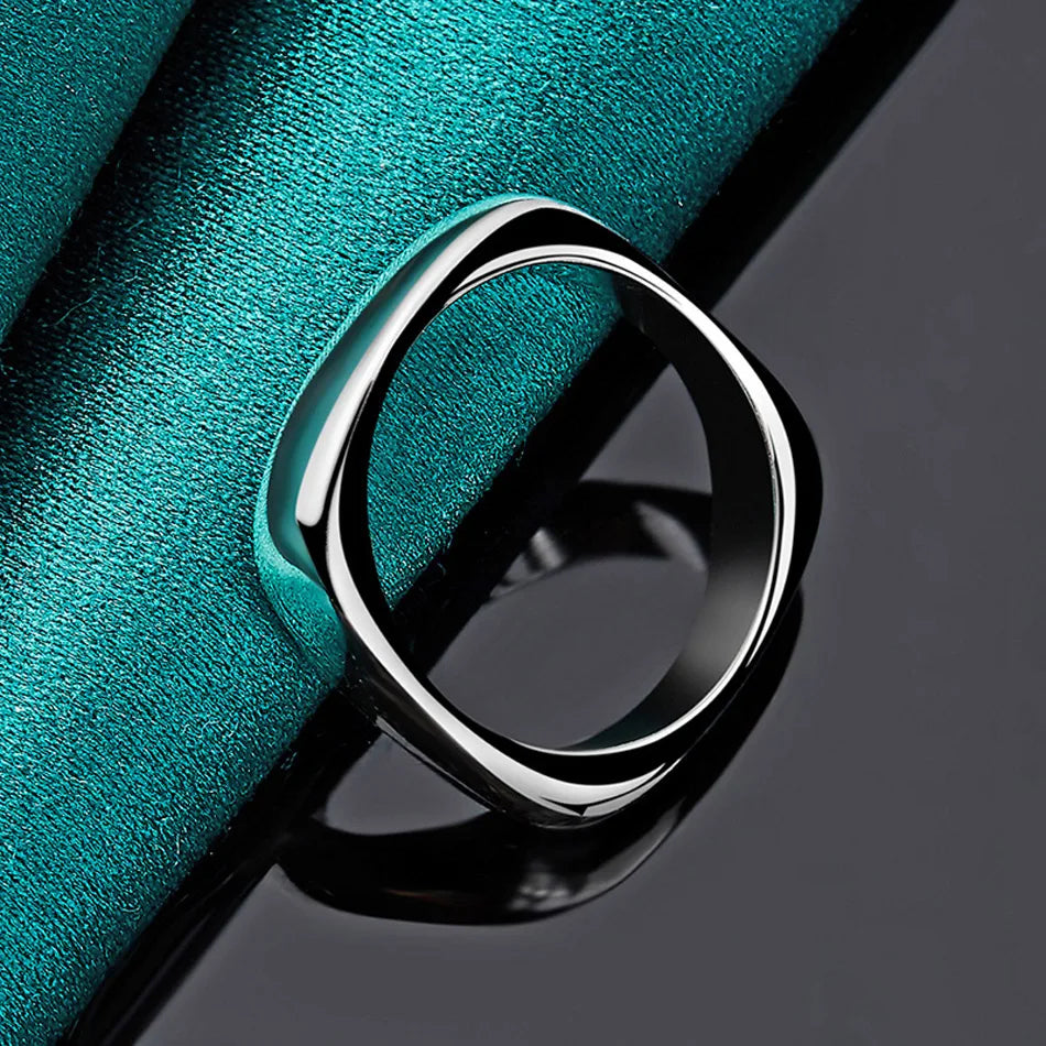 925 Sterling Silver Smooth Round Square Ring For Women Men