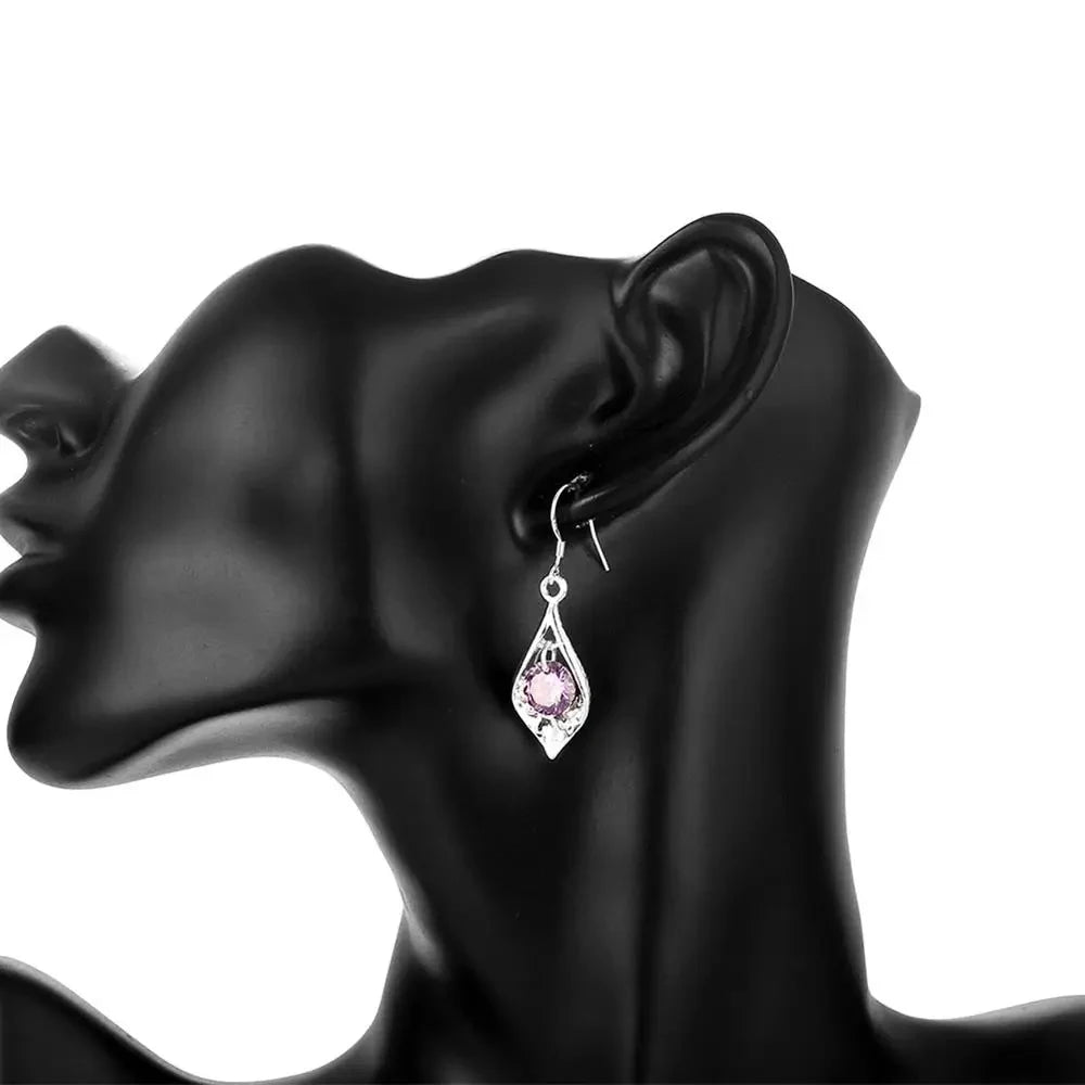 Pure 925 Sterling Silver Earrings Elegant Woman Crystal Amethyst Shell