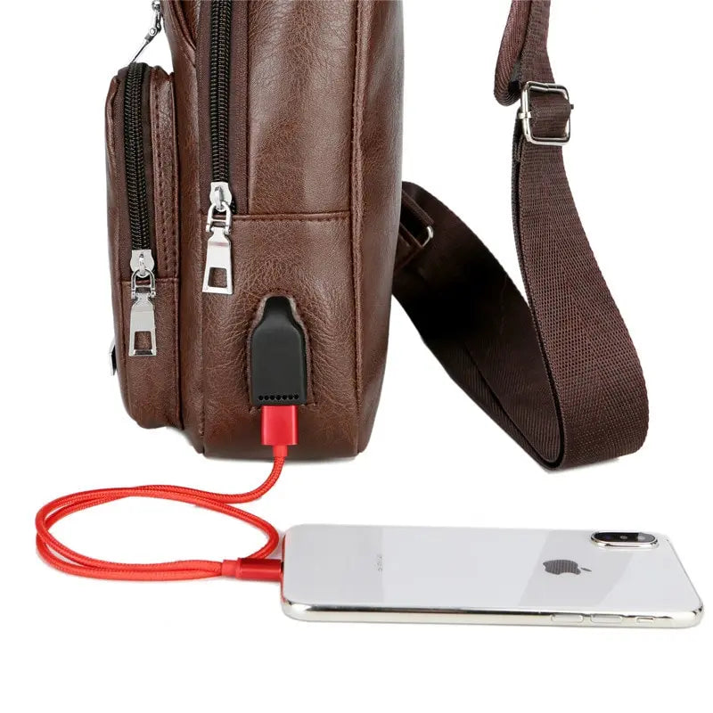 USB Charging Chest Bag Headset Hole Mens Crossbody