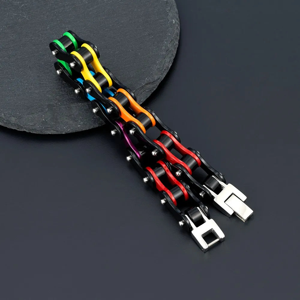 Locomotive Punk Unisex Bracelet Black Stainless Steel Enamel Rainbow Chain