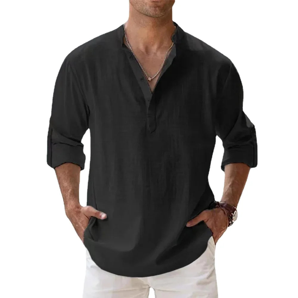 Cotton Linen Shirts for Men Lightweight Long Sleeve Henley Beach Shirts