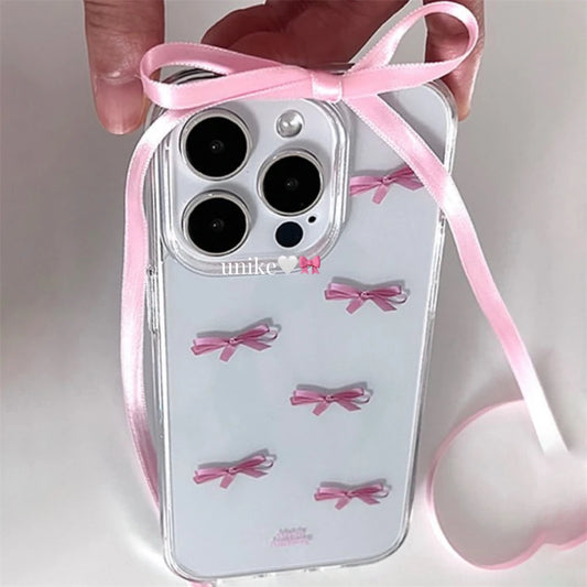 Cute Pink Bow Transparent Phone Case For iPhone 15 14 13 12 11 Pro Max