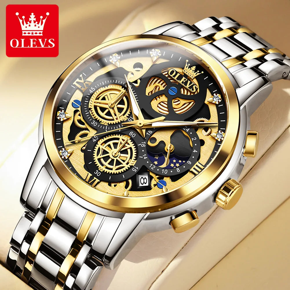 Luxury Original Waterproof Mens Quartz Watch Gold Skeleton Style