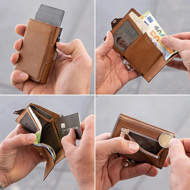 Pop Up Credit Card Case with RFID Protection Genuine Leather  Wallet