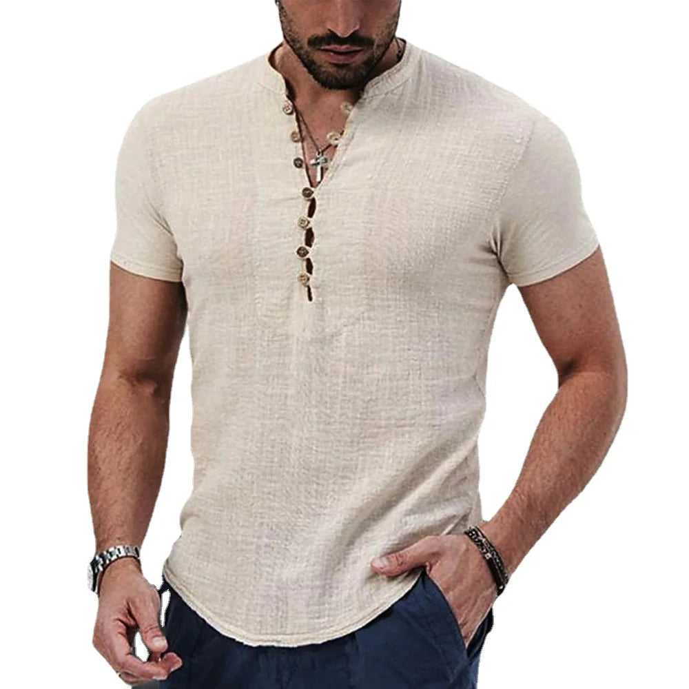 Mens Short Sleeve T Shirts V Neck Button Cotton Linen Shirt Casual