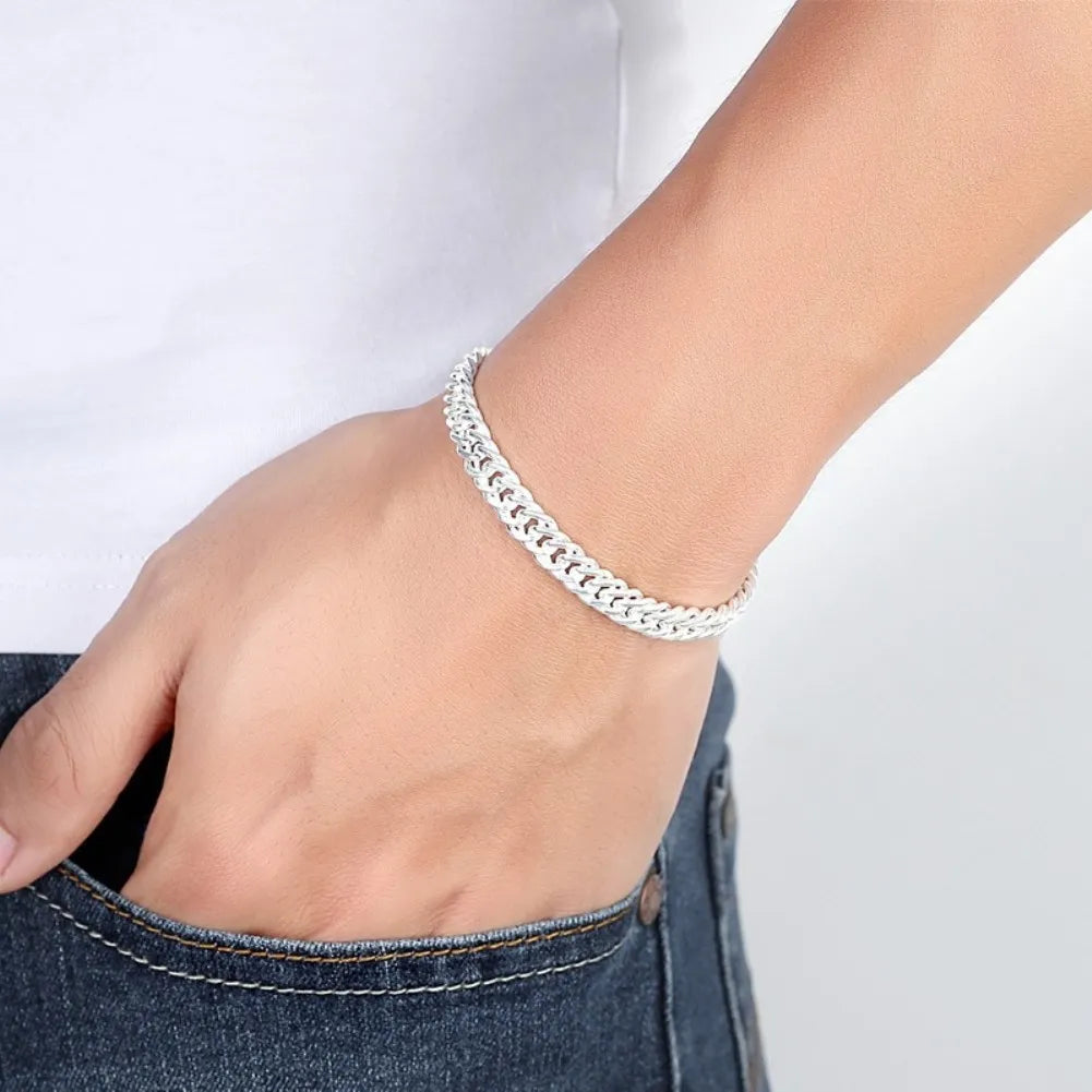 925 Sterling Silver Unisex 6MM Geometric Chain Bracelets Neckalces