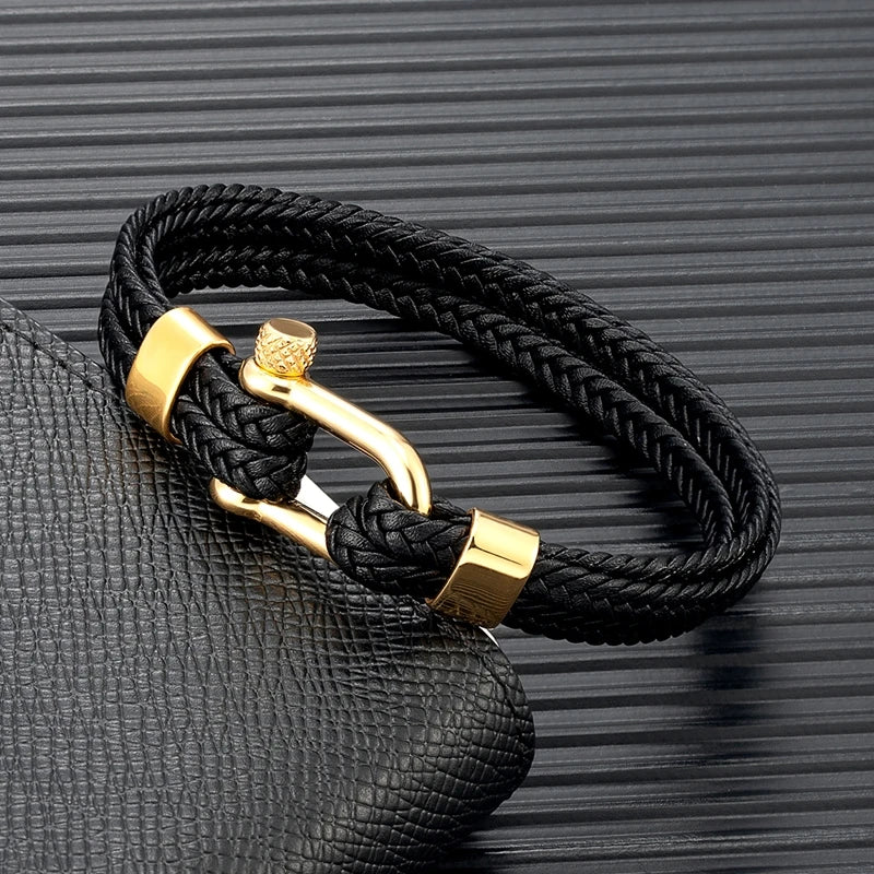 Navy Style Men U shape Shackle Woven Multilayer Leather Bracelets