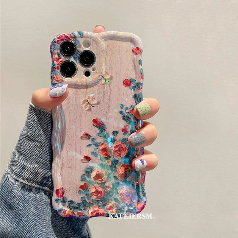 Laser Blue Light Flowers Phone Case For iPhone 15 14 13 12 11 Pro Max