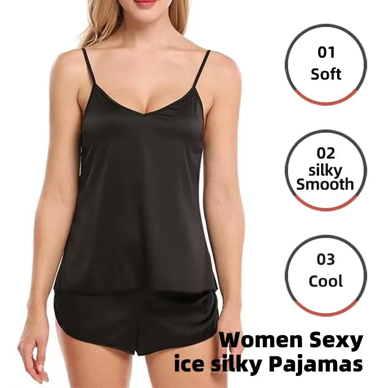 Womens Sexy Ice Silky Pajamas Nightwear Sleepwear Camisole And Shorts