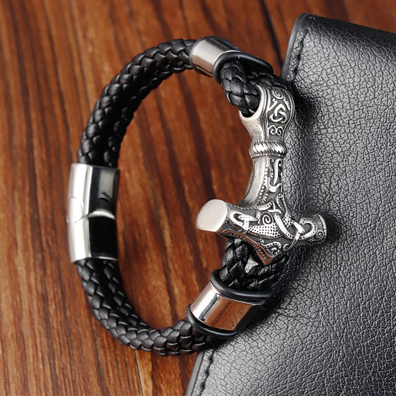 Stainless Steel Bangles Rope Wrap Charm Leather Mens Bracelet