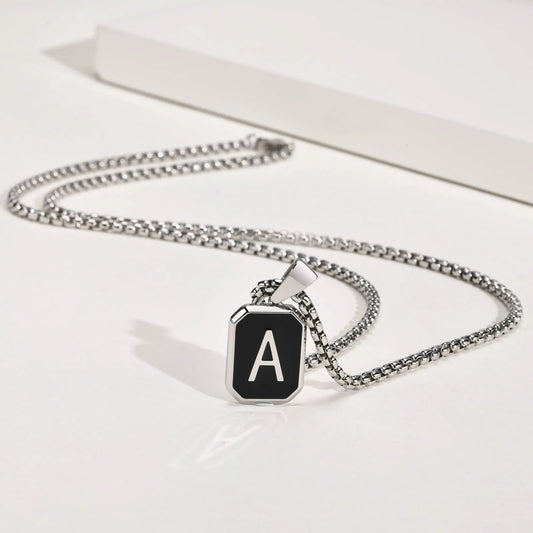 Stylish Initials Square Necklaces for Men 26 Letters Stainless Steel Pendant