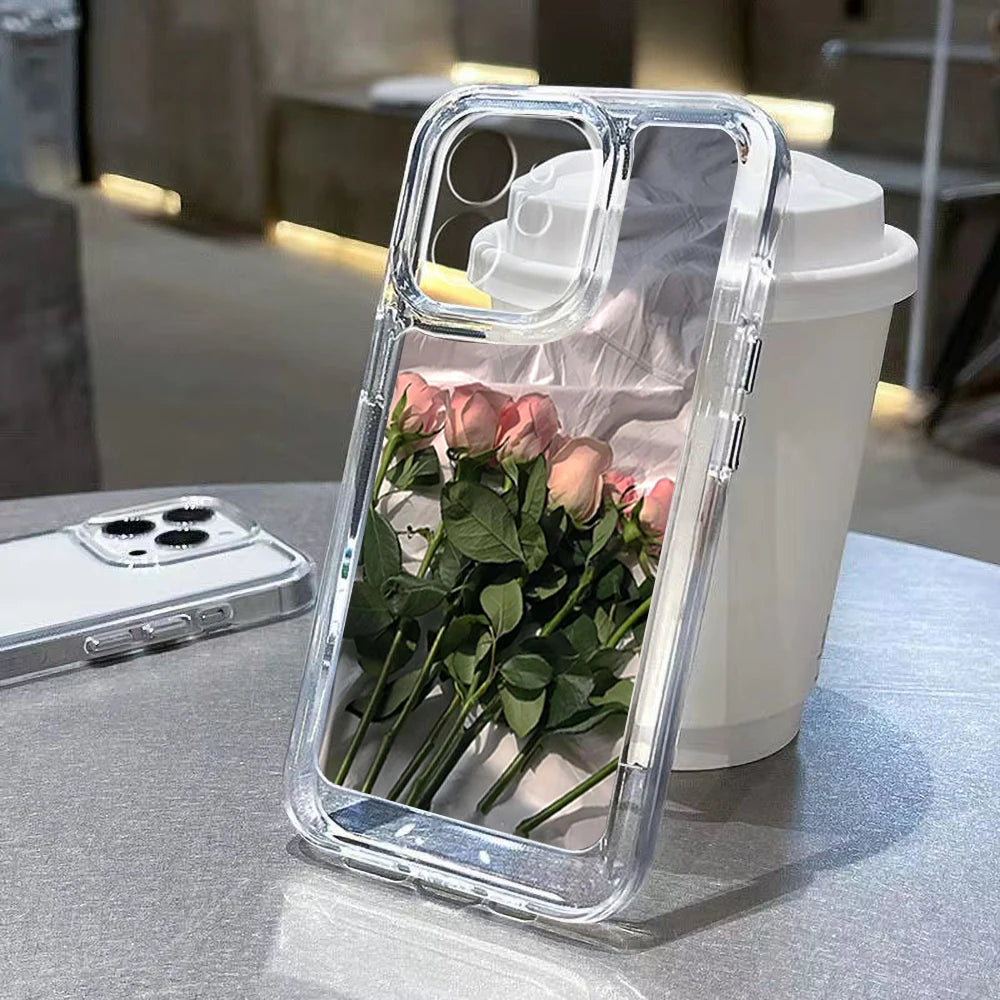 Rose Flower Clear Phone Case For iPhone 15 14 13 Pro Max Shockproof