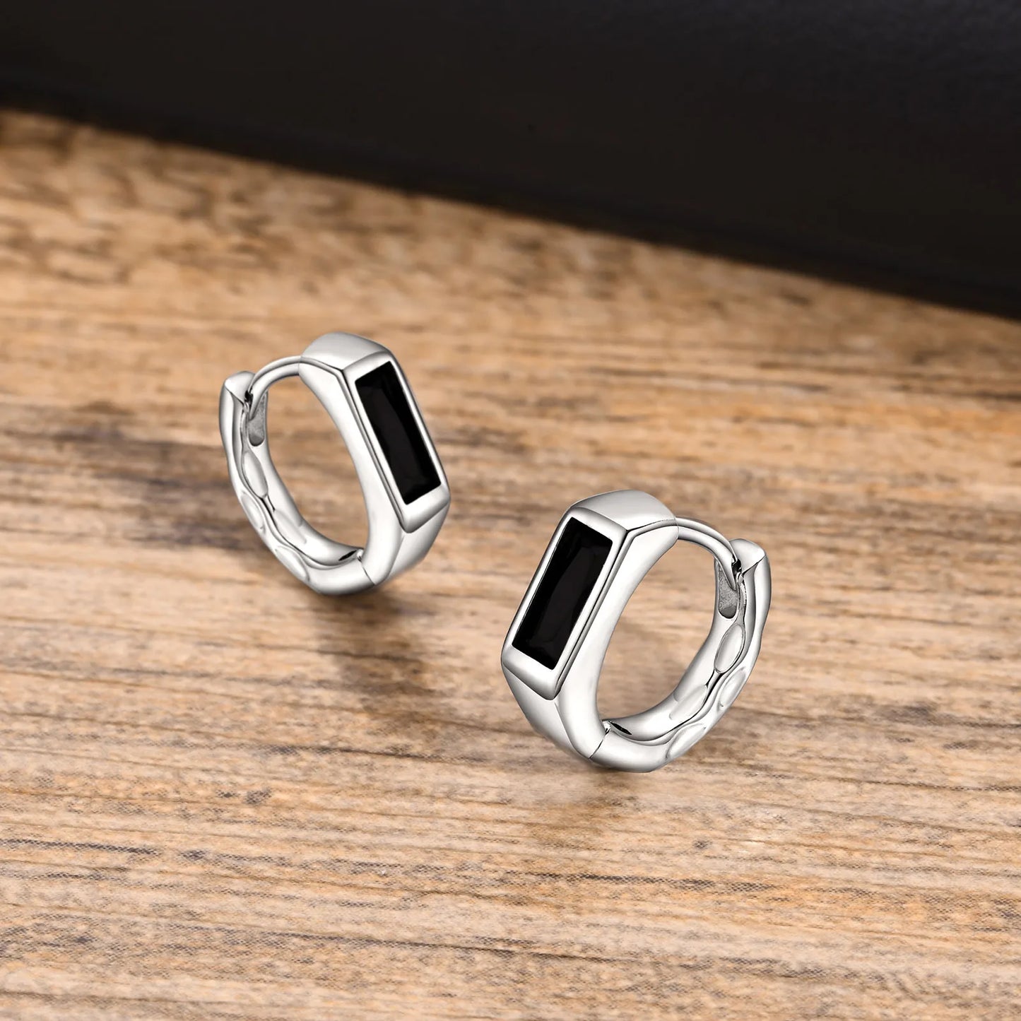 Geometric Black Stone Earrings for Men Silver Color Metal Hoop Earring