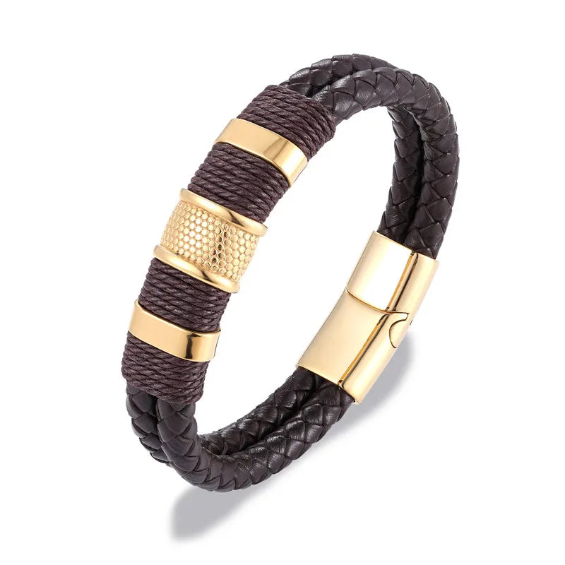 Punk Men Braided Leather Stainless Steel Magnetic Buckle Bracelet