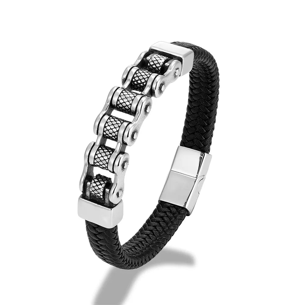 Punk Men Biker Chain Braided Leather Bracelet Stainless Steel Magnetic Buckle