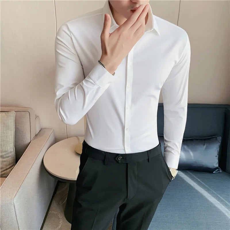 High Elasticity Shirts Mens Long Sleeve Slim Casual Shirt