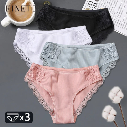 3pcs Womens Cotton Panties Low Rise Underwear Patchwork Lace Briefs